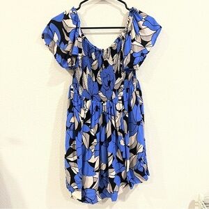 Free People blue and black smocked tropical mini dress with puff sleeve xsmall
